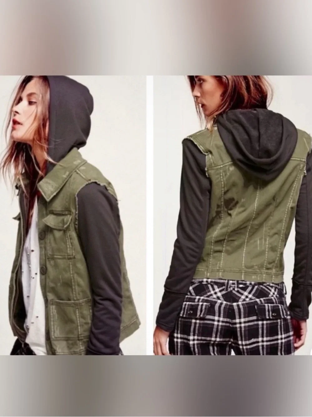 Free People Olive Green Moto Jacket with Black Hoodie and Sleeves